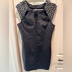 Wow couture size sleeve beautiful black dress with rhinestones on shoulders